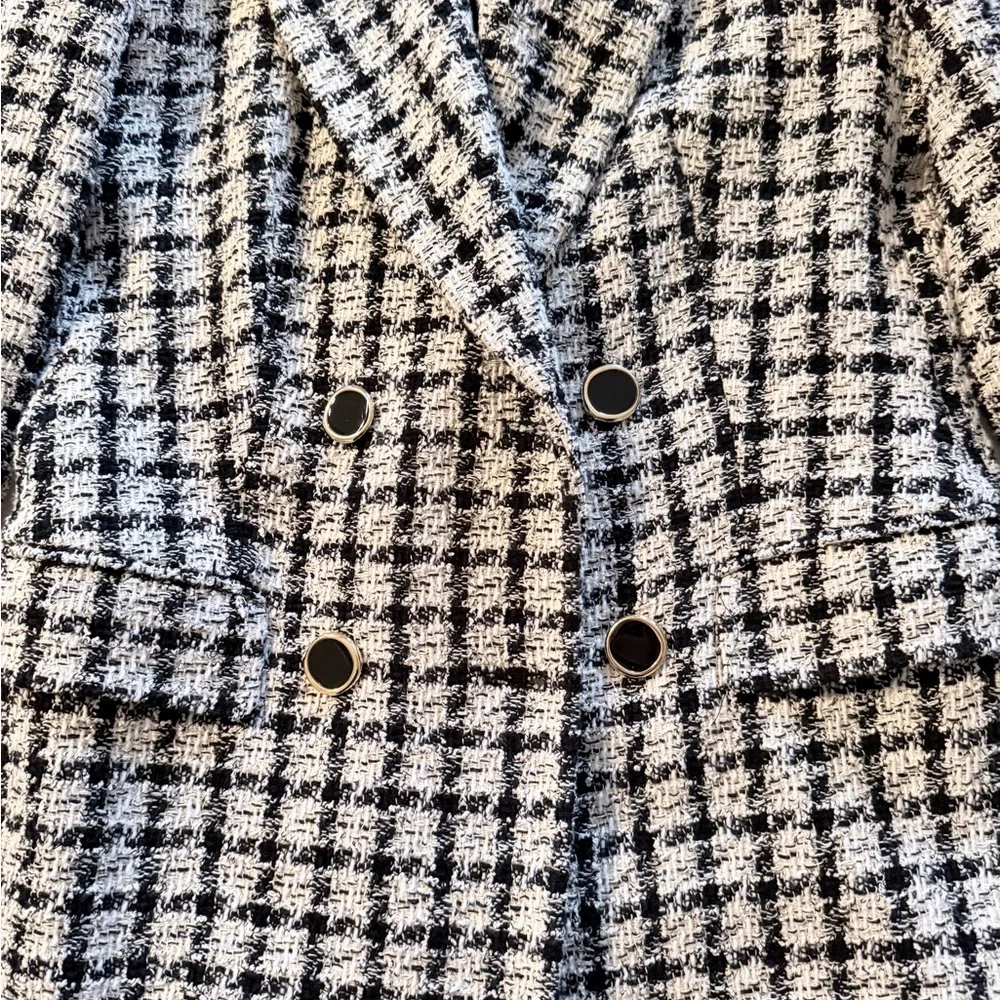 Zara Textured Double Breasted Black and White Houndstooth Plaid Pattern Blazer S - Picture 2 of 6